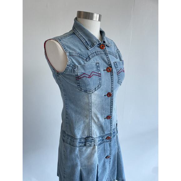 Vtg Y2K Denim Button Up Pleated Mini Dress QZYZ Sleeveless Size L - Picture 4 of 9